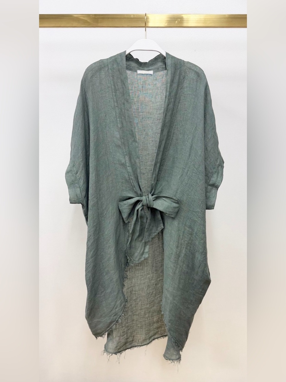 (155153/E3150-ARM) LINEN FRINGE HEM TIE-FRONT KIMONO WITH POCKETS